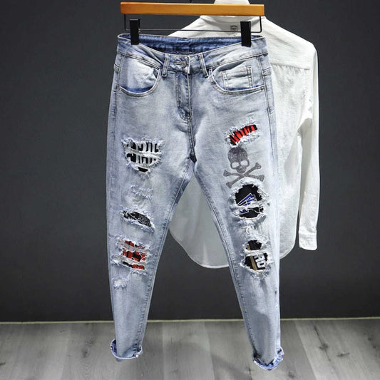 Men's Jeans Graphic Man Cowboy Pants with Rhinestones Trousers Hip Hop Goth Punk Korean Fashion Y2k Streetwear Denim Style 90s