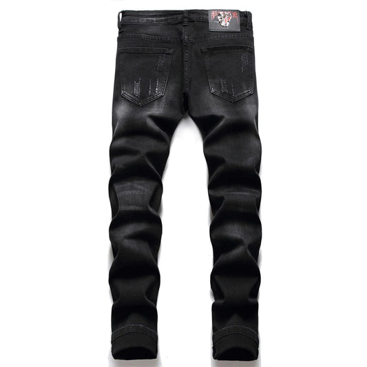 Punk Skull Streetwear Jeans 2024 Men Broken Hole Embroidery Letter Ripped Harajuku Hip Hop Denim Pants Fashion Slim Jeans Male
