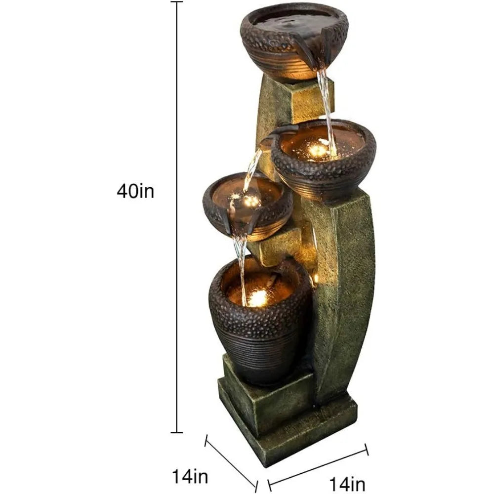 40 Inch Tall Modern Outdoor Fountain with Modern Design and LED Lights for Garden, Terrace, 40 Inches, Light Grey