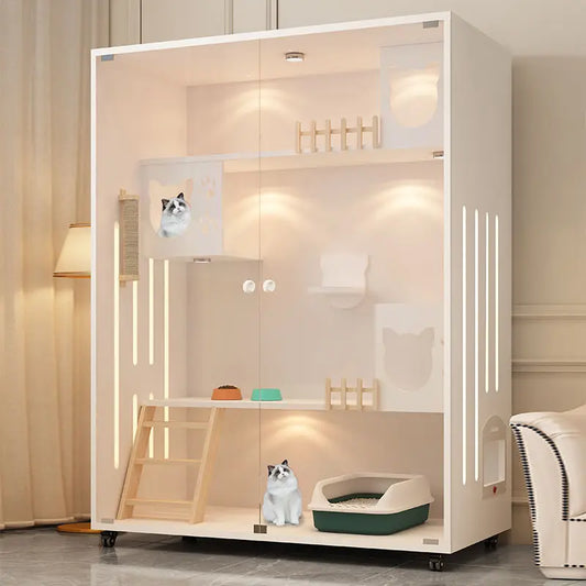 Cream-style Cat Cage for Pet Shop Density Board Cat House Double-layer Large Space Glass Door Light Luxury Simple Cage for Cats