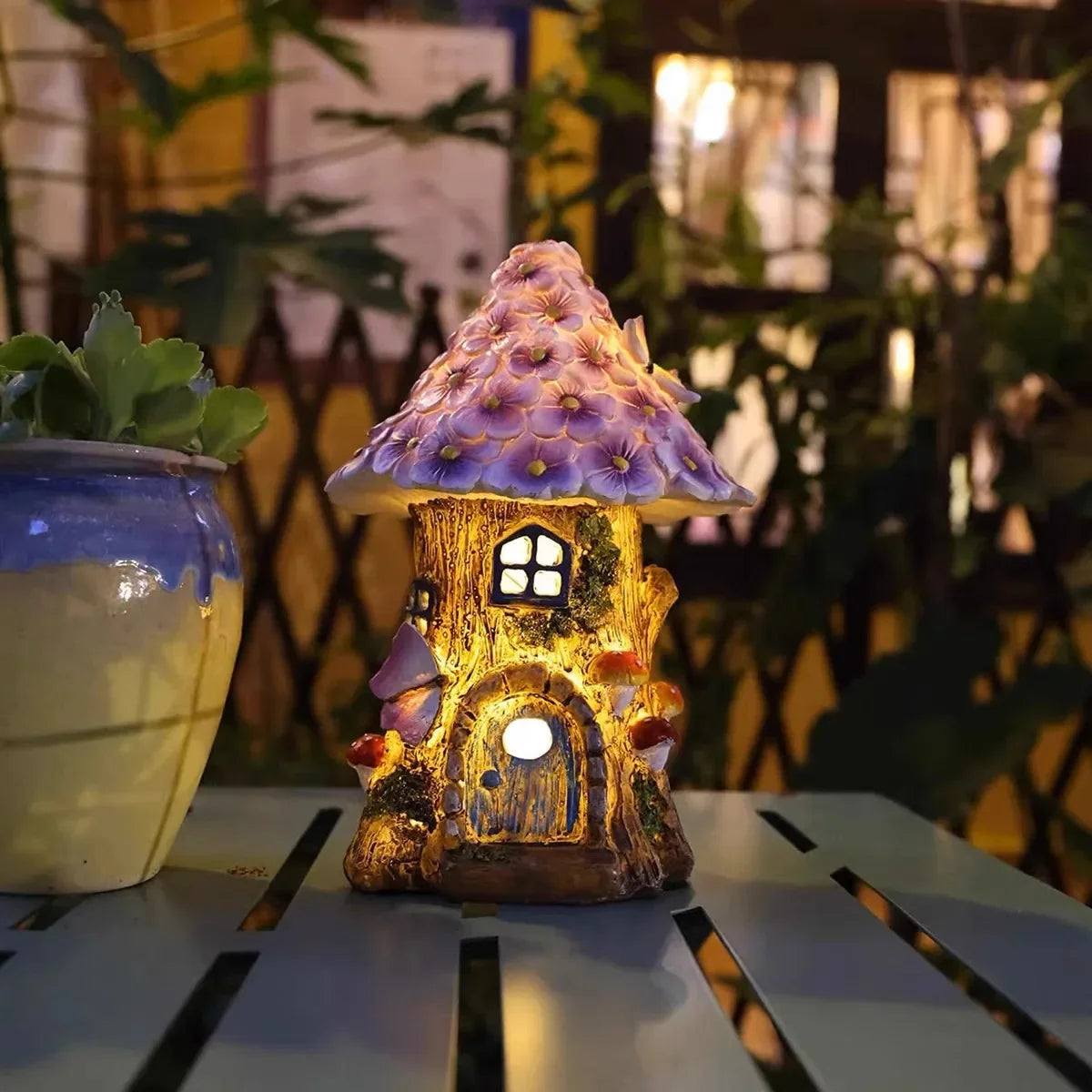 Craft Miniature Flower House Solar LED Lights Garden Fairy Outdoor Walkway Sunflower Resin Cottage Christmas Lights Decoration