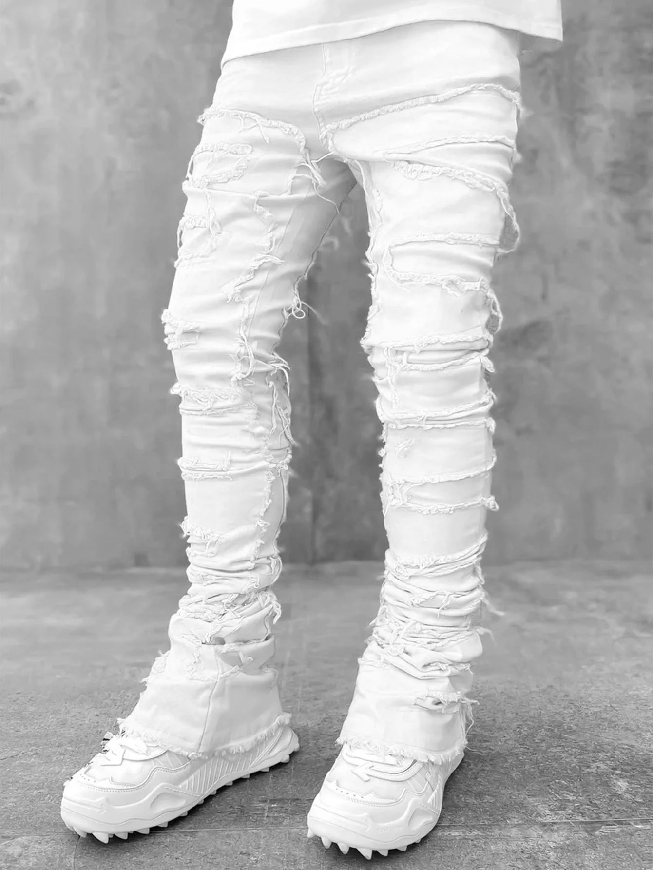 New Premium Vintage Blue Stacked Jeans For Men Stretchy Raw Frayed Denim Destroyed Washed Patchworks Pants