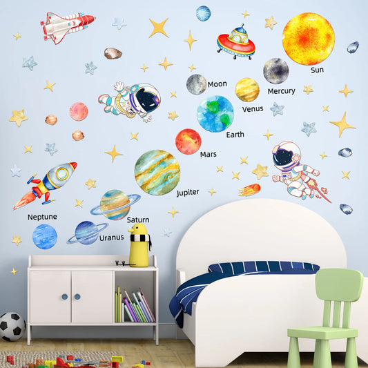 Solar System Kids Wall Stickers, Astronaut Stars  Wall Decals, Decor for Baby Boy Girl Room Bedroom Living Room Classroom