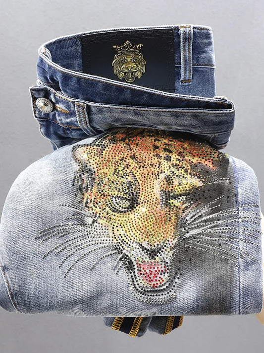 2024 New Fashion Cheetah Printed Jeans Men's Fashion Wash Stretch Street Cool Trendy Casual Slim Fit Skinny Pants