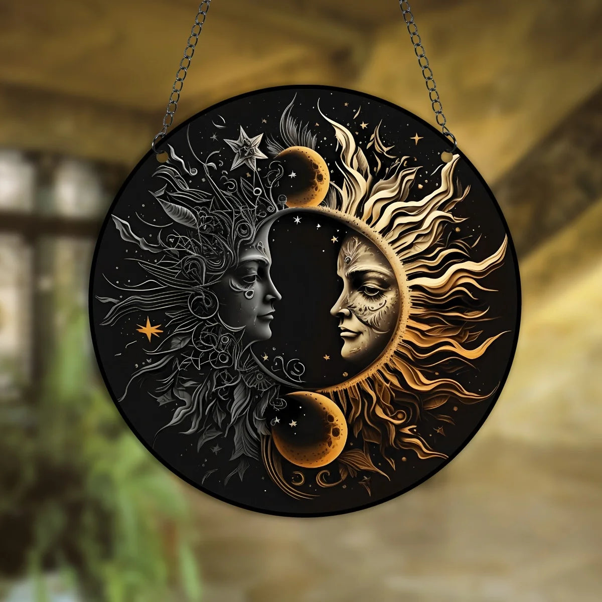 Sun and Moon Acrylic Decoration with Metal Chain Stain Plastic Wall Art Decor Yard Craft Christmas Decor Stained Suncatcher