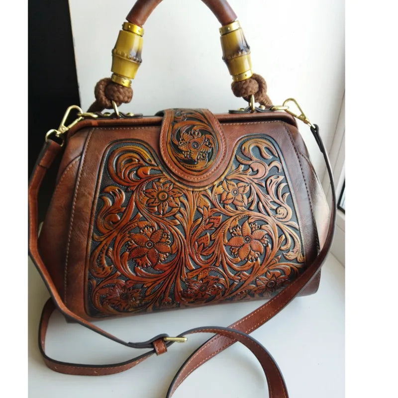Luxury Handmade Women Shoulder Bag Vintage Carved Leather Women's Bag 2024 trend Ladies Designer Handbags Female Bags
