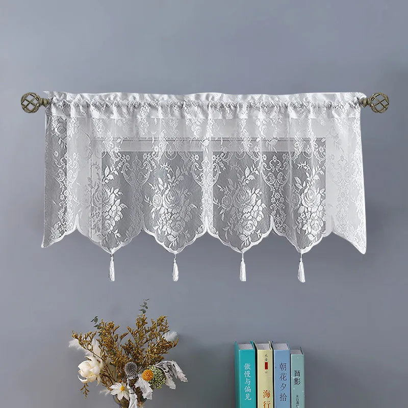 Lace Curtain Window Valance Lace Hem Short Curtain with Tassel for Modern Cabinet Door Home Bedroom Living Room Decoration