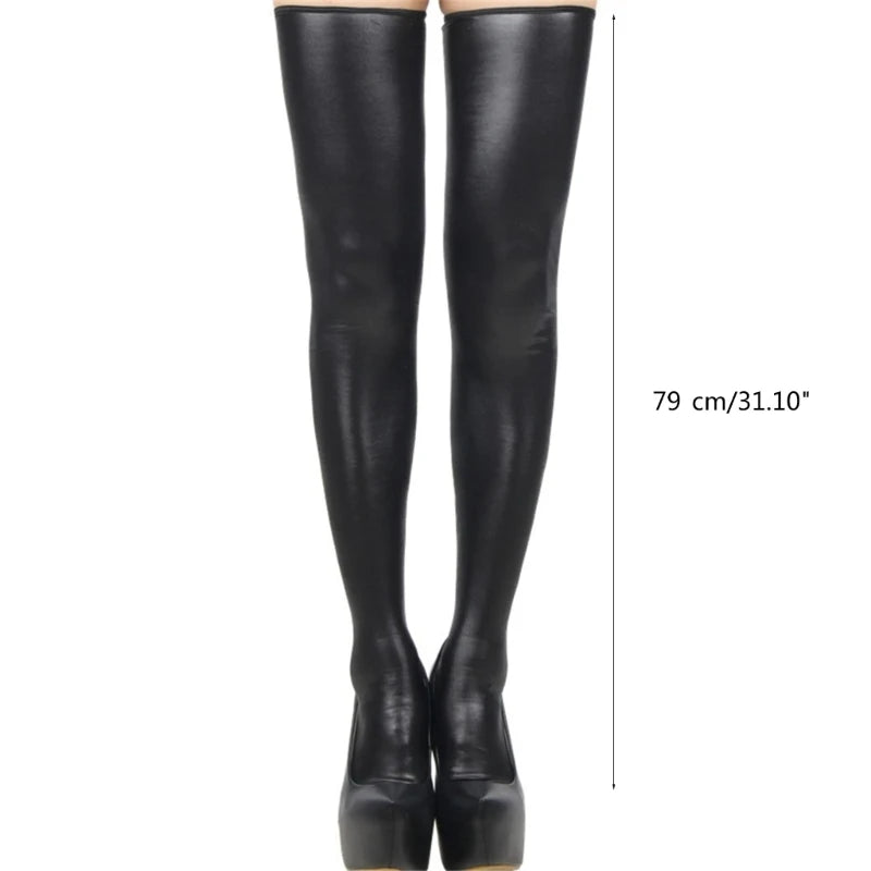 Womens Zipper Back Wetlook Thigh High Stockings Faux Leather Over Knee Long Socks Lingerie Night Party Clubwear