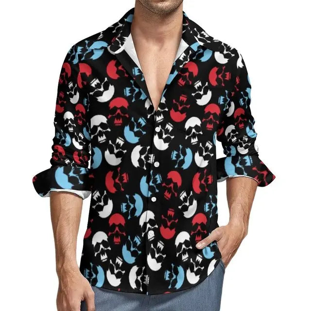 Rock Music Skull Long Shirt Men Hawaiian Punk Casual Floral Autumn Sleeve Cool Oversize Tops Blouse Male Social Camisa Slim Fit