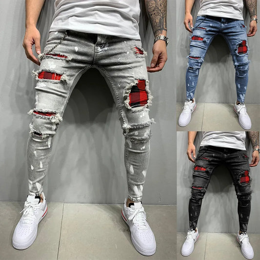 Men's New Vintage Streetwear Paneled Ripped Casual Denim Pants European and American Popular Zipper Skinny Jeans
