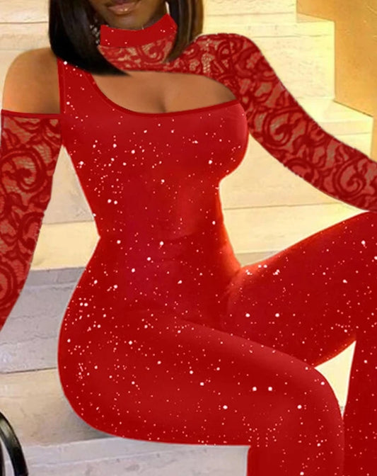 2024 Woman Long Jumpsuits Elegant Sexy Glitter Lace Patch Flared Leg Jumpsuit New Fashion Casual One Pieces Female Outfits