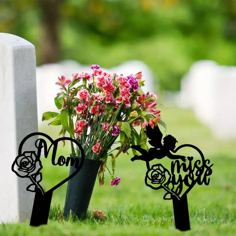 1pc Memorial Grave Markers Heart Memorial Plaque Stake Memorial Metal Grave Stake Decoration For Mom Dad Cemetery Outdoors Yard