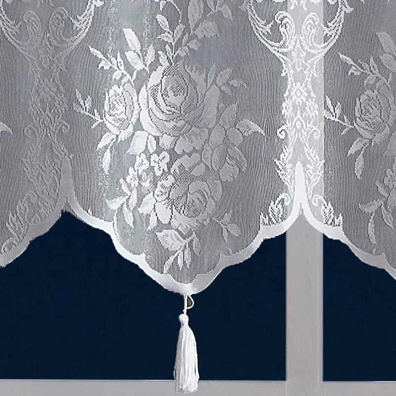 Lace Curtain Window Valance Lace Hem Short Curtain with Tassel for Modern Cabinet Door Home Bedroom Living Room Decoration