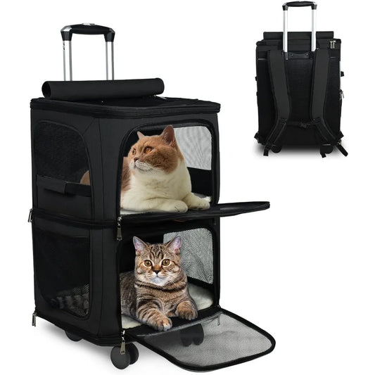 Double-Compartment Pet Dog Rolling Carrier Backpack with Wheels, Cat Carrier for 2 Cats, Ventilated Design, Ideal for Traveling