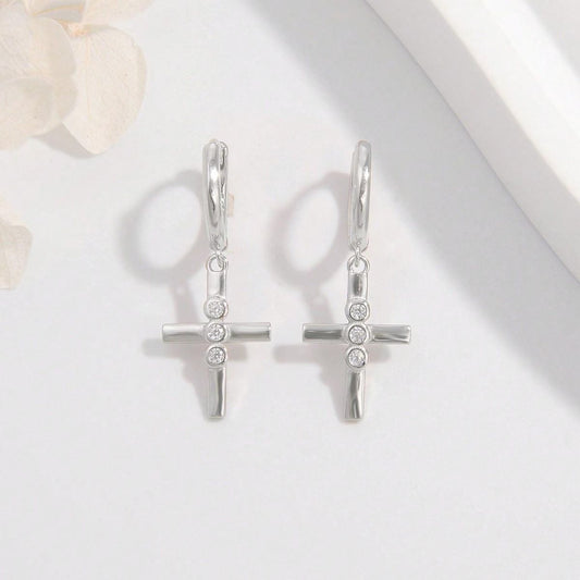 925 Sterling Silver Zircon Cross Earrings