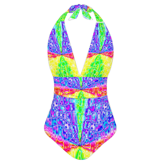 America’s Swag 312 Pastels at the Sea All Over Print Women's Tankini Halterneck One Piece Swimsuit